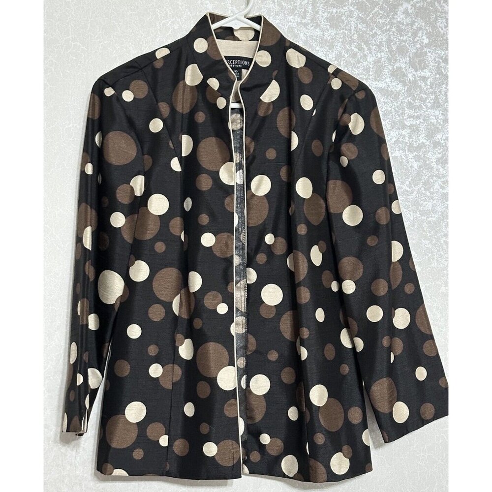 Perceptions Fitted Blazer Brown Cream Open Cardigan Mega Polka‎ Dots Sz 10
